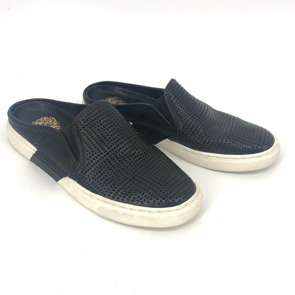 Vince Camuto Black Leather Perf Slip on Slides 7 - Picture 1 of 5